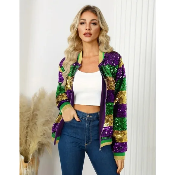 Mardi Gras Sequins Striped Purple, Green and Gold Bomber Jacket - Picture 1 of 7